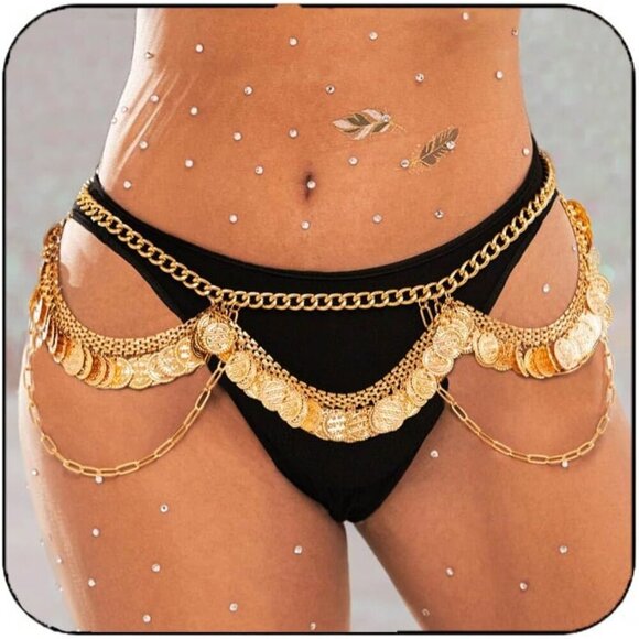 🆕Women Gold Coin Waist Chain Layered Belly Chain Beach Bikini Body Chain - Picture 1 of 10